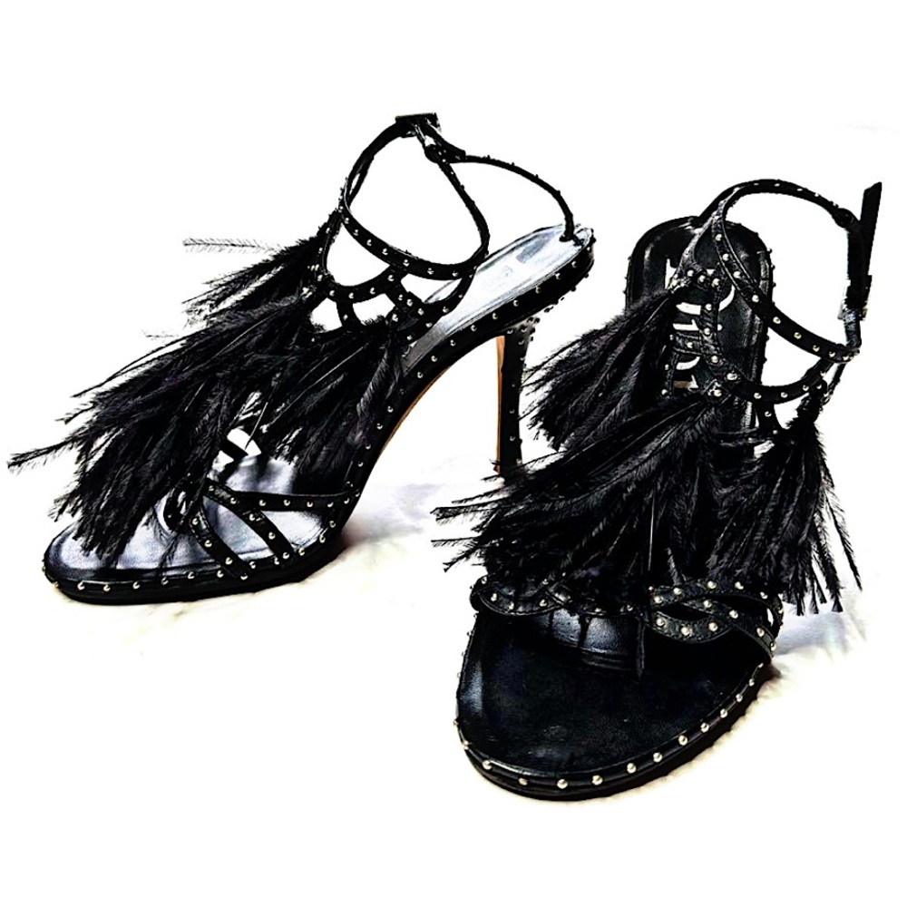 Authentic Christian Dior 04 SS Galliano Feather Studs Open Toe Stilettos